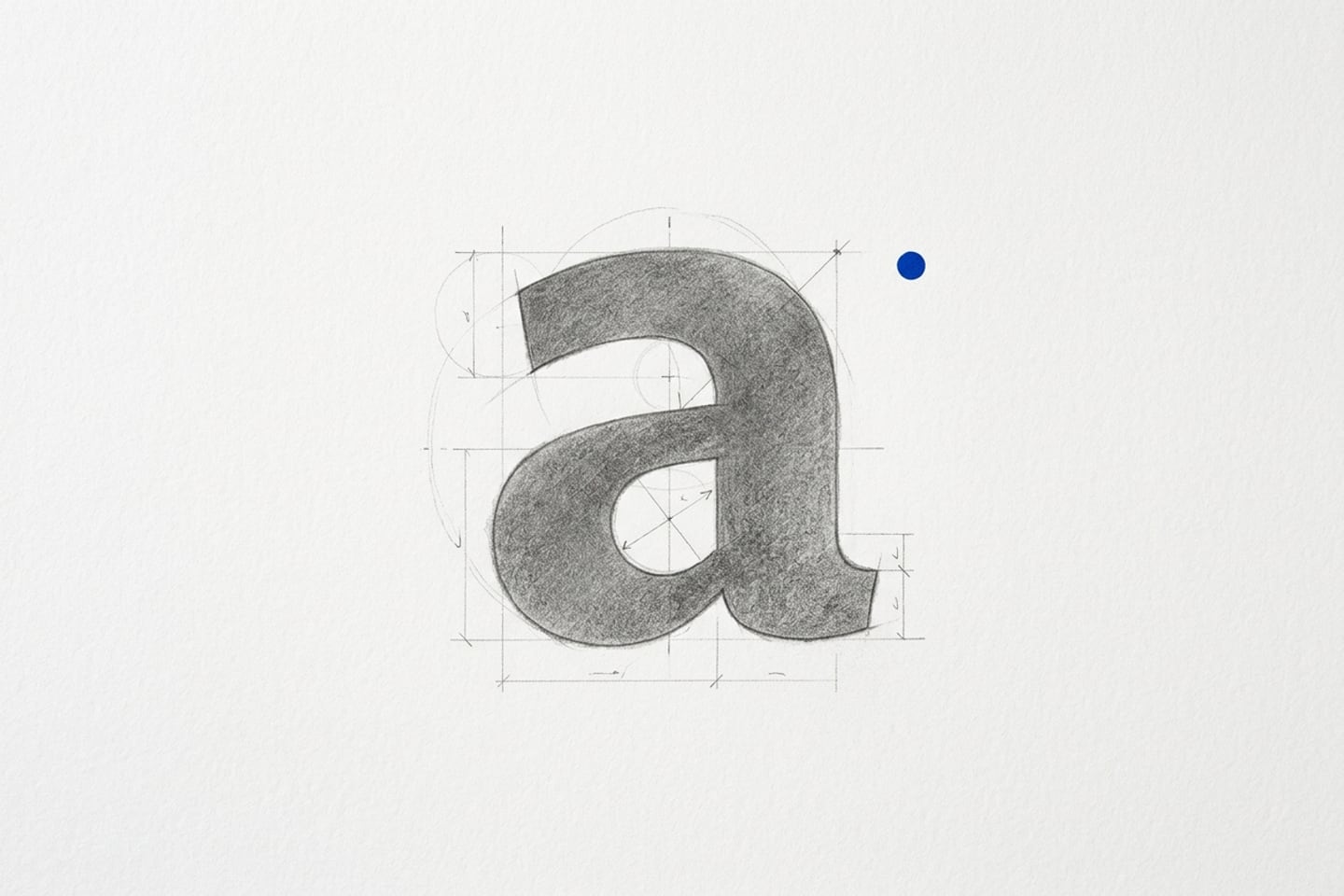 Analytische Graphitstudie eines gezeichneten Kleinbuchstabens auf weißem Papier mit feinen Hilfslinien, offener Punze und einer kobaltblauen Marke.